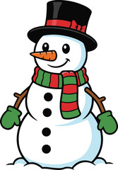 A cheerful cartoon snowman wearing a black top hat with a red ribbon, a striped red and green scarf, and green mittens, standing on a small mound of snow.