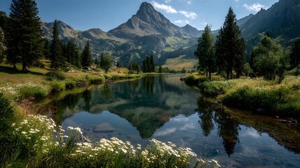 Fototapeta premium Serene mountain lake reflects a rugged peak with wildflowers in the grassy foreground and pine trees in an idyllic nature landscape setting.