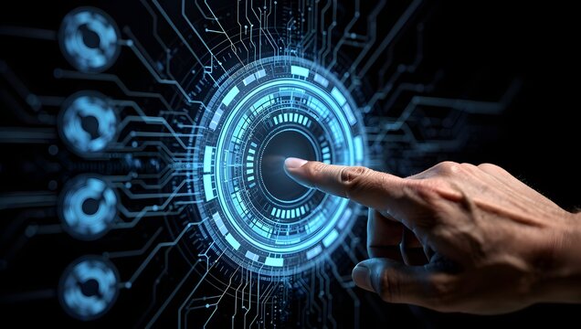 Futuristic digital interface with human hand touching glowing blue virtual control panel, high-tech UI design, cyber technology interaction, innovation concept background