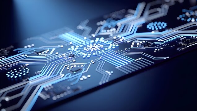 Advanced futuristic circuit board with glowing blue microchip connections, high-tech electronic pathways, digital processing network, modern semiconductor technology background - Powered by Adobe