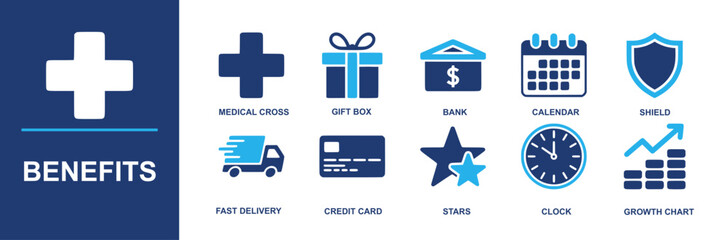 Benefits icon set. Containing medical cross, gift box, bank, calendar, shield, fast delivery, credit cards, stars, clock, growth chart for services, promotions, guarantees and more. Solid vector icons