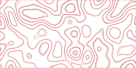 Red contour lines forming an abstract topographic map pattern on a white background, with organic wavy shapes and circular elements