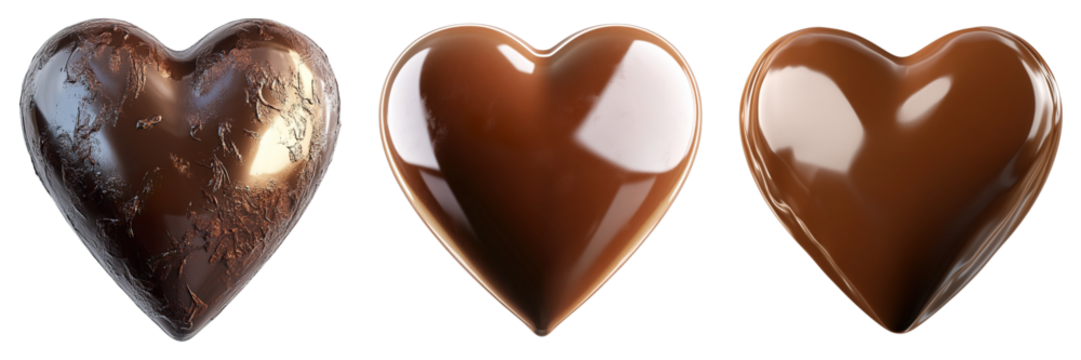 Three heart-shaped chocolates showcase a spectrum of textures