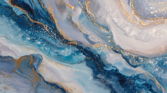 Abstract Art with Golden Accents in Shades of Blue and White Swirls, Evoking Ocean Waves and Serenity in an Aesthetic Style for Home Decor and Modern Design