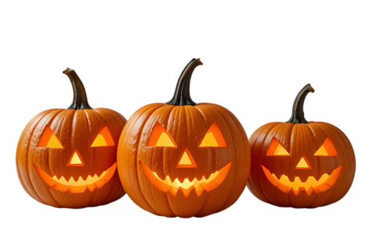 Three glowing carved pumpkins isolated on transparent background