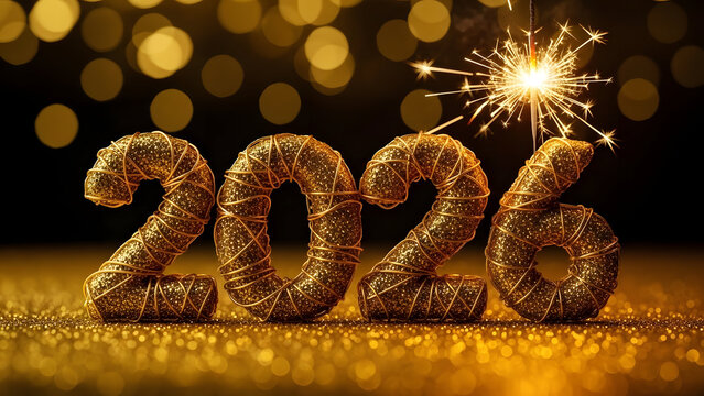 New Year's Eve 2026 Celebration: Golden glitter and a sparkler light up the year 2026, evoking a sense of festive anticipation and excitement for the future. 