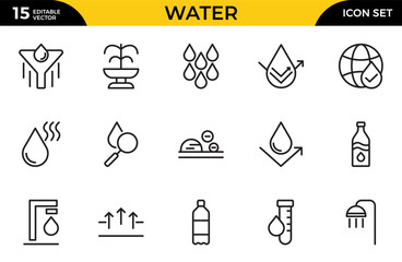 Water outline icons set. Water, filter, drops, waves, drop, sea, drinking water, bottle, cleanliness, aqua. Thin outline icons pack. Vector illustration