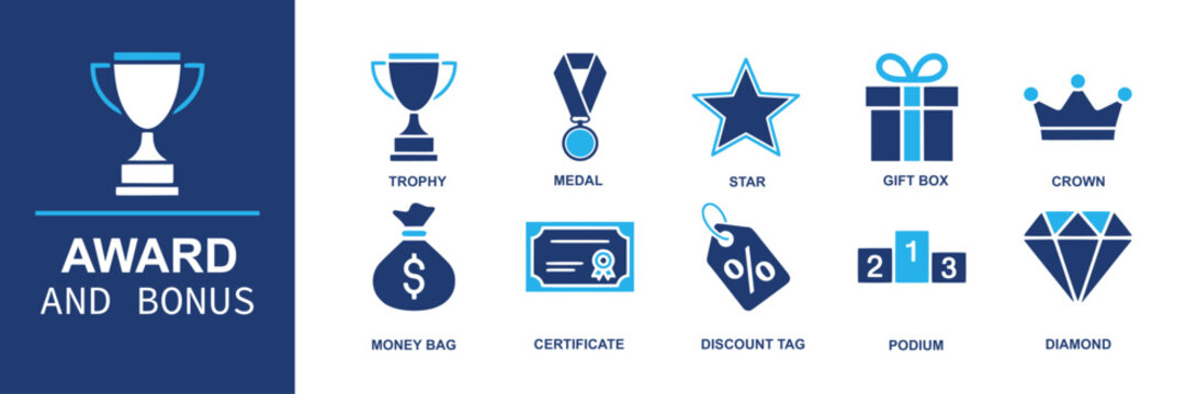 Award and bonus icon set. Containing trophy, medal, star, gift box, crown, money bag, certificate, discount tag, podium, diamond for rewards, loyalty, achievement and more programs. Solid vector icons