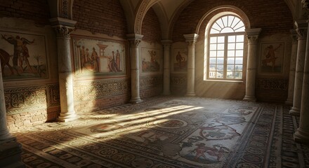 Obraz premium Interior view of a classic hall featuring decorative columns, mosaic floor, and sunlit window