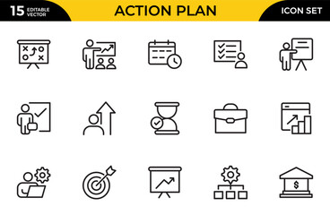 Action Plan Icon Set. High-Quality Icons for Planning, Strategy, Project Management, and Task Scheduling Solutions. Thin outline icons pack. Vector illustration