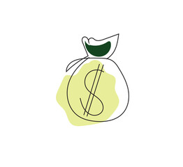 Single line drawing of dollar money bag.white background.Single line drawing of money bag. Money saving and investment single line art.vector illustration editable