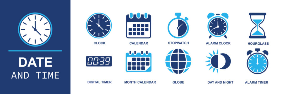 Date and time icon set. Containing clock, calendar, stopwatch, alarm clock, hourglass, digital timer, month calendar, globe, day and night, alarm timer for planners, UI/UX and more. Solid vector icons