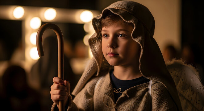Shepherd Boy's Devotion: A young boy, dressed as a shepherd, embodies reverence and serenity, holding his staff with a look of peaceful contemplation.