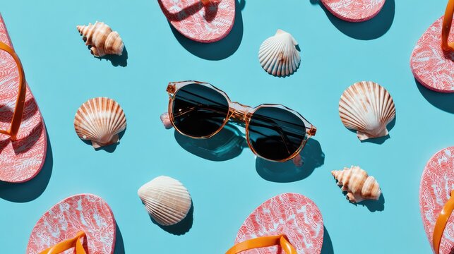 Bright Summer Vibes with Colorful Flip Flops, Stylish Sunglasses, and Seashells on Vibrant Blue Background for Perfect Beach Freedom Imagery
