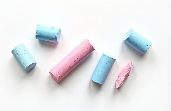Several blue and pink chalks lying on white surface. Pastel crayons for art education. Chalk sticks for drawing on blackboard at school. School supplies for creativity learning. Kid art.