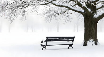 Solitude in Winter's Embrace: An empty bench invites quiet contemplation beneath a snow-laden tree, evoking feelings of serenity and peace within a winter landscape.
