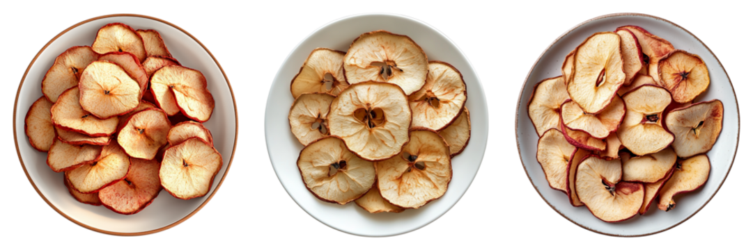 Delicious assortment of dried apple slices presented in three separate bowls