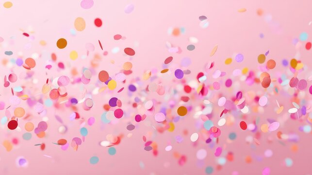 Colorful Confetti Floating Through the Air on a Soft Pink Background, Perfect for Celebrations, Parties, and Festive Occasions, Creating a Joyful Atmosphere