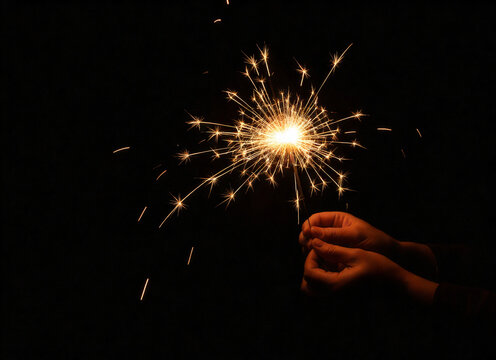 Hands holding a sparkler emitting bright light in dark background  