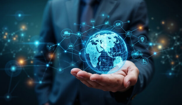 Businessman hold global business globe with network connected to digital marketing strategy and creative solution.