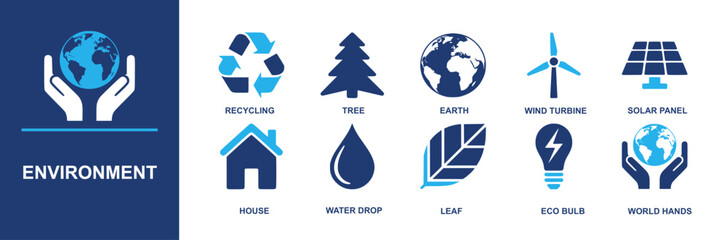 Environment icons with earth, recycling, tree, wind turbine, solar panel, house, water drop, leaf, eco bulb and world hands. Clean green visuals for sustainability, education, posters, apps and sites
