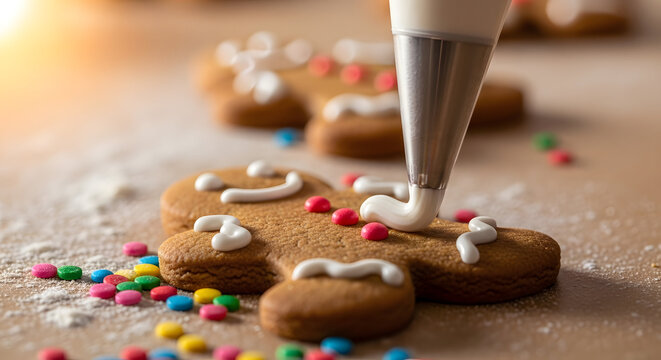 Gingerbread man decorating: Capturing the festive spirit, a gingerbread man takes shape as skilled hands pipe intricate patterns, surrounded by colorful candy accents.
