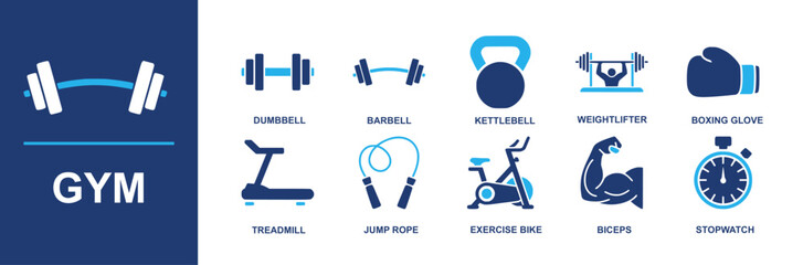Gym icon set. Containing dumbbell, barbell, kettlebell, treadmill, exercise bike, jump rope, weightlifter, boxing glove, stopwatch, biceps, workout, strength training, cardio fitness and more. Solid v