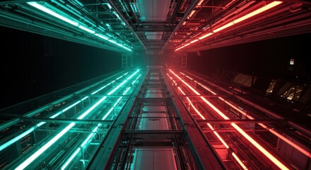 Abstract futuristic perspective tunnel with red and green neon lights