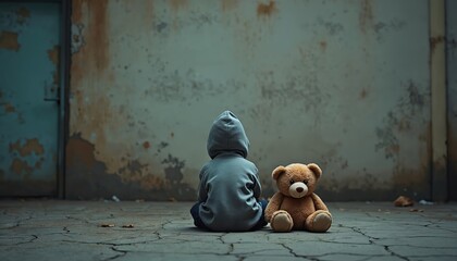 Lonely kid hugs teddy bear sitting before wall. Boy in hood looks at weathered cracked concrete. Scene childhood depression, isolation, need of support. Sadness, mental problems concept shown.
