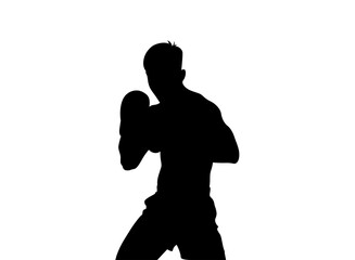 Silhouette of a male boxer in fighting stance against a white background