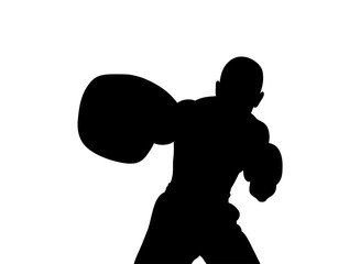 Silhouette of a boxer punching with power and determination on white background