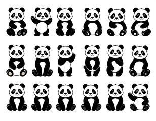 Obraz premium A collection of stylized, cartoon-like giant pandas in various poses arranged in a grid. Each features black and white fur