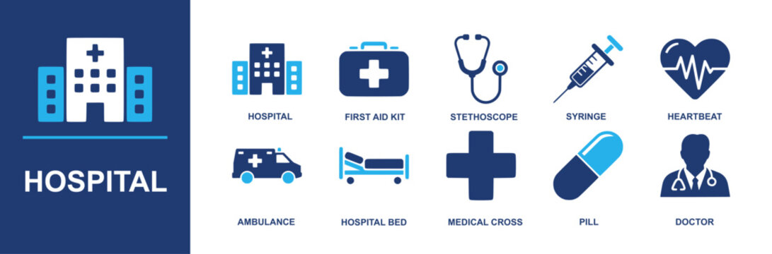 Hospital icon set. Containing building, ambulance, first aid kit, stethoscope, syringe, heartbeat, hospital bed, medical cross, pill, doctor, emergency care, diagnosis, treatment and more. Solid vecto