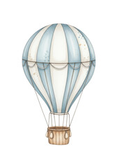 Obraz premium A charming, hand-drawn vintage hot air balloon with blue and white stripes, soft watercolor wash, delicate ink outline on a transparent background, concept for nursery room decoration