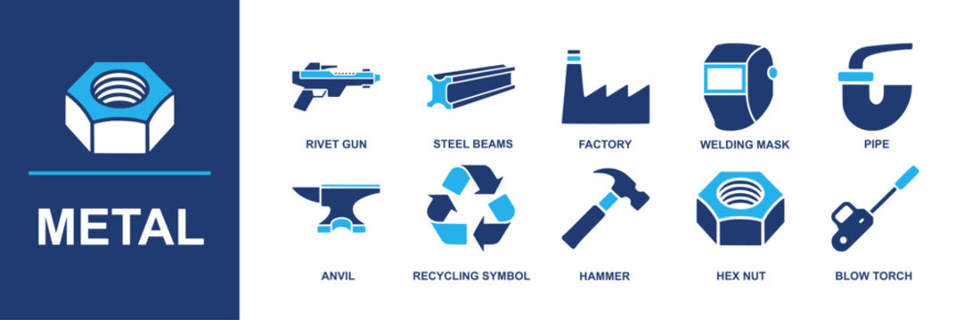 Metal icon set. Containing welding, machining, rivet gun, steel beams, factory, anvil, hammer, hex nut, pipework, blow torch, recycling symbol, welding mask, pipe wrench, and more. Solid vector icons