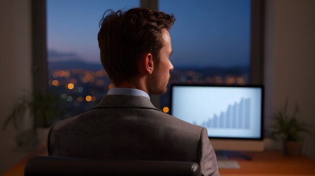 A businessman in a suit looks at a growth chart on his computer screen in a modern office overlooking a city at twilight