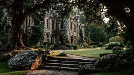 Stately stone manor house is viewed from wide stone steps, framed by large ancient trees and lush green lawn in warm afternoon lighting.