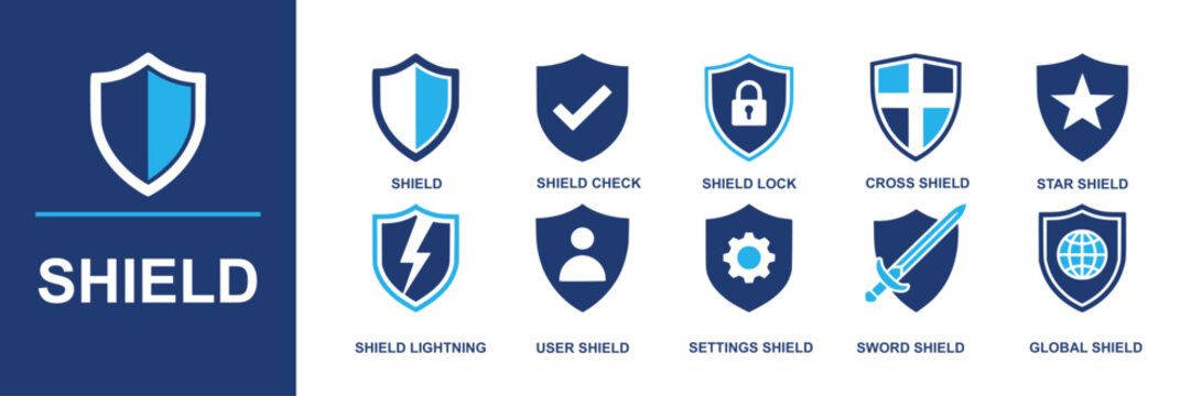 Shield icon set. Containing security badge, check shield, lock shield, cross emblem, star crest, lightning bolt, user shield, settings, sword, global shield icon, privacy and more. Solid vector icons.