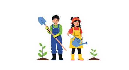 Fototapeta premium Young gardeners, a boy with a shovel and a girl with a watering can, planting and nurturing saplings, representing environmental care and growth.