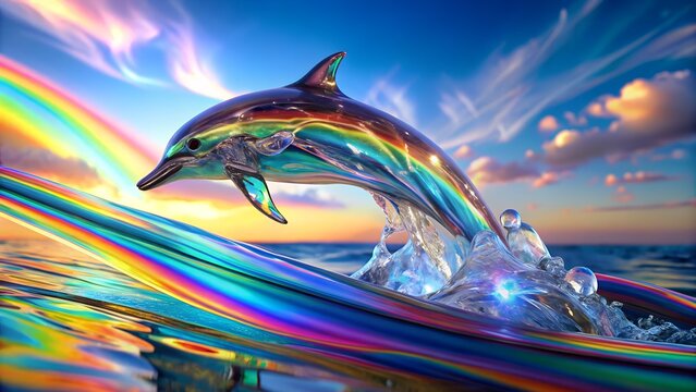 Rainbow dolphin leaping from ocean waves with colorful sky background