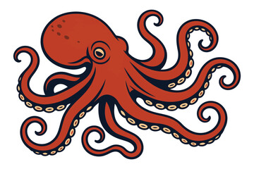 Vibrant red cartoon octopus with eight curly tentacles spread wide against a clean white background showcasing its playful and whimsical nature