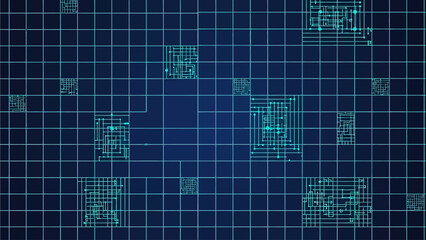 Abstract blue grid background with glowing circuit board patterns representing digital technology and data networks.