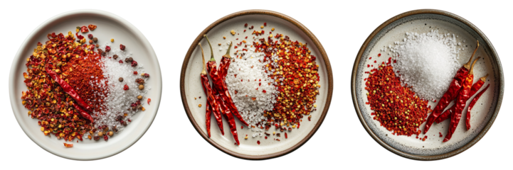 Spices and salt arranged artistically in a series of circular plates, creating a colorful and appetizing display