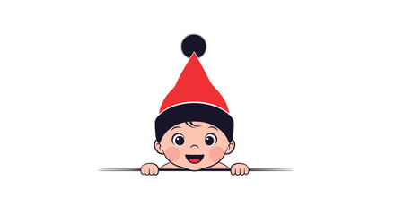 A cute cartoon baby in a red Santa hat joyfully peeks over a line, smiling with wide eyes, perfect for holiday and Christmas themes.
