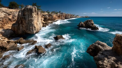 Stunning coastal landscape features limestone cliffs and turquoise ocean waves crashing on rocks under a sunny blue sky in wide angle view.