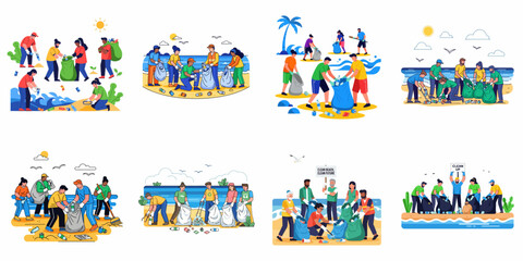 Fototapeta premium Vector illustrations set of people cleaning up plastic waste and trash from beaches and nature, emphasizing environment protection and volunteer effort.