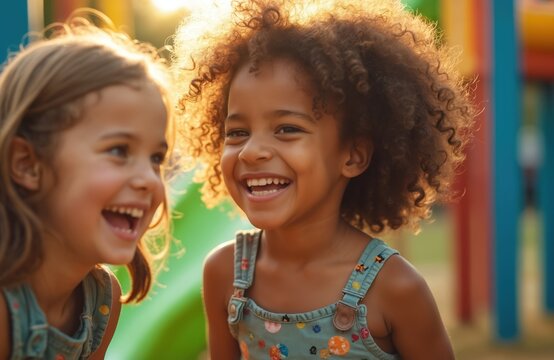 Two happy little girls laugh together outdoors in bright golden sun. Diverse young friends enjoy colorful playground fun. Kids smile, play, share good time, showing childhood joy, happiness, strong
