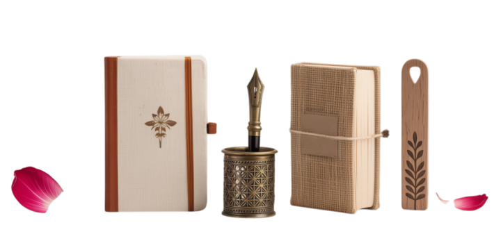 An elegant vintage writing and journaling set with a decorative fountain pen, ornate notebooks, and a wooden bookmark is artfully arranged with delicate rose petals on a white background. - Powered by Adobe
