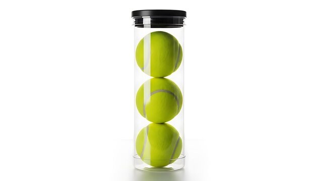 Three green tennis balls in a clear plastic tube with black lid