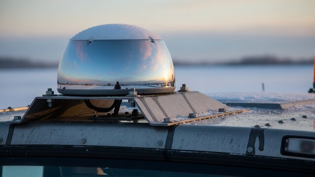 A close-up of a reflective chrome dome beacon on a vehicle roof in a snowy landscape at dusk.